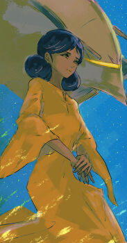 1girl absurdres beam_cannon bindi black_hair commentary_request dark_skin dress elmeth gundam highres indian_clothes kingjaw lalah_sune machinery mecha mobile_armor mobile_suit_gundam robot science_fiction star_(sky) zeon