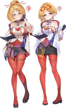 1girl adjusting_hair black_gloves black_skirt blonde_hair book breasts cleavage cosplay eyewear_on_head gloves green_eyes hair_ornament hair_stick highres holding holding_book jacket large_breasts looking_at_viewer multiple_expressions multiple_views nintendo off_shoulder open_clothes open_jacket pantyhose parted_bangs pencil_skirt pointy_ears princess_zelda purah purah_(cosplay) red-framed_eyewear red_pantyhose round_eyewear shirt short_hair shuri_(84k) skirt sleeveless sleeveless_shirt smile the_legend_of_zelda the_legend_of_zelda:_tears_of_the_kingdom twitter_username white_background white_jacket white_shirt