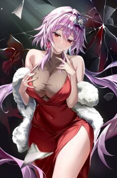 1girl alternate_costume blush breasts broken_glass chinami_(chinamin_02) closed_mouth coat commentary_request covered_navel dress earrings evernight_(honkai:_star_rail) flower fur_coat glass grabbing_own_breast hair_flower hair_ornament highres honkai:_star_rail honkai_(series) jewelry large_breasts long_hair looking_at_viewer march_7th_(honkai:_star_rail) pink_hair red_dress red_eyes revision side_slit single_earring smile solo thighs