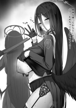 2girls absurdres afterimage almondman black_background blood blood_halo blue_archive blush breasts breasts_out breath clothes_lift commentary cowboy_shot feathered_wings fellatio_gesture from_behind garter_straps gloves gradient_background greyscale gun hair_between_eyes half-closed_eyes half_gloves halo hasumi_(blue_archive) highres holding holding_gun holding_weapon large_breasts liquid_halo long_hair long_sleeves looking_at_viewer low_wings mole mole_under_eye monochrome motion_lines multiple_girls naughty_face nipples over_shoulder paid_reward_available panties parted_lips pleated_skirt puckered_lips sailor_collar school_uniform serafuku shirt_lift shotgun side_slit simple_background skirt solo_focus sound_effects straight_hair sweat thighhighs translated tsurugi_(blue_archive) underwear very_long_hair weapon weapon_over_shoulder white_background wings