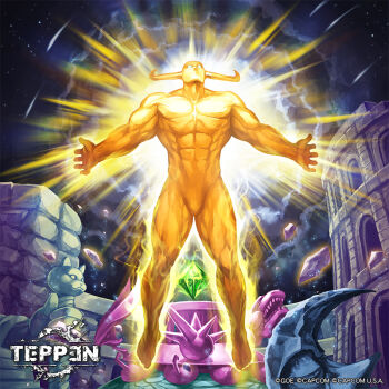 abs alien aura blue_eyes capcom cat cloud crescent_moon darkstalkers dinosaur dragon elemental_(creature) energy energy_being fire fire_elemental floating floating_object floating_rock gem glowing glowing_body glowing_eyes hinata_gureko horns levitation monster monster_boy moon muscular muscular_arms muscular_legs muscular_male night no_mouth no_pupils official_art pectorals plasma plasma_elemental pyron rock shooting_star space space_monster stairs star_(sky) statue teppen thick_thighs thighs