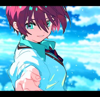 1girl amate_yuzuriha aqua_eyes blue_sky breasts cloud cloudy_sky commentary_request fuji_(f_ukkami) gundam gundam_gquuuuuux highres long_sleeves looking_at_viewer necktie offering_hand_to_another open_mouth red_hair school_uniform shirt short_hair sky smile solo sweater
