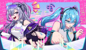 Rule 34 | 2girls, aqua hair, aqua necktie, black gloves, black sleeves, blush, commentary request, crossover, eyewear on head, fingerless gloves, gloves, grey eyes, grey hair, grey shirt, hatsune miku, headset, highres, honkai: star rail, honkai (series), hoyohoyo ni shite ageru, instrument, jacket, long hair, looking at viewer, motion lines, multiple girls, music, necktie, open mouth, playing games, playing instrument, playing video games, purple-tinted eyewear, seria aaaa, shirt, signature, silver wolf (honkai: star rail), silver wolf (lv.999) (honkai: star rail), single fingerless glove, single mechanical glove, sleeveless, sleeveless shirt, smile, tinted eyewear, twintails, upper body, v-shaped eyebrows, vocaloid
