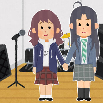 2girls ahoge amplifier arm_at_side awa_subaru black_eyes black_socks blue_jacket blunt_bangs brown_hair brown_skirt clothes_writing drum drum_set full_body fur_collar girls_band_cry gorumosu green_necktie grey_skirt holding_hands hood hooded_jacket indoors instrument irasutoya iseri_nina jacket long_hair long_sleeves medium_hair microphone microphone_stand mifune_takashi_(style) multiple_girls necktie outline parody parted_bangs plaid_clothes plaid_skirt print_shirt shirt sidelocks skirt smile socks solid_circle_eyes standing straight-on studio style_parody suit_jacket white_outline white_shirt white_socks wooden_floor