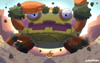 animal_focus commentary_request crab debris fuecoco gasya_dokuraku klawf nintendo no_humans open_mouth pokemon pokemon_(creature) pokemon_focus titan_pokemon