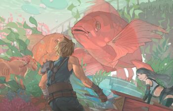 1girl 2boys bare_shoulders black_gloves black_hair black_skirt black_thighhighs blonde_hair blue_sweater cloud_strife commentary_request cowboy_shot crop_top elbow_gloves final_fantasy final_fantasy_vii final_fantasy_vii_remake fish from_behind gloves holding holding_sword holding_weapon long_hair looking_at_another multiple_boys orange_fur red_hair red_xiii scenery shillo short_hair single_arm_guard single_bare_shoulder skirt sleeveless sleeveless_turtleneck spiked_hair sweater sword tank_top thighhighs tifa_lockhart turtleneck turtleneck_sweater twitter_username weapon white_tank_top