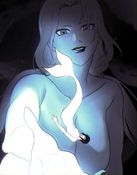 Rule 34 | 2girls, breasts, collarbone, commentary request, convenient censoring, forehead, highres, huge breasts, korean commentary, lipstick, low twintails, makeup, may c, medium hair, mermaid, mini person, minigirl, monster girl, multiple girls, naruto (series), no nipples, nude, open hand, shizune (naruto), small breasts, tsunade (naruto), twintails