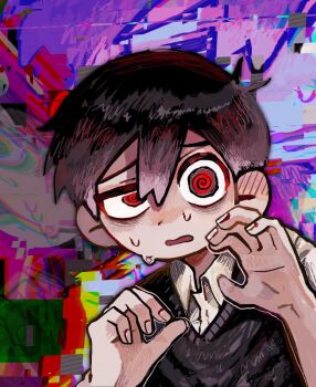 1boy @_@ antenna_hair black_sweater_vest collared_shirt commentary_request double-parted_bangs hair_between_eyes highres looking_at_viewer male_focus omori parted_lips red_eyes shirt short_hair short_sleeves solo sunny_(omori) sweat sweater_vest uminosoko44 upper_body white_shirt