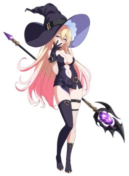 1girl asymmetrical_clothes asymmetrical_dress bare_shoulders black_choker black_dress black_gloves black_hat blonde_hair breasts center_opening choker circe_(lost_sword) collarbone dress eyebrows_hidden_by_hair fishnets game_cg gem gloves gold_trim grin hand_to_own_mouth hat hat_belt highres holding holding_staff large_breasts long_hair lost_sword:_tales_of_britania microdress multicolored_hair navel official_art pink_hair purple_eyes purple_gem sidelocks single_thighhigh skindentation smile staff symbol-shaped_pupils thigh_strap thighhighs third-party_source transparent_background two-tone_hair two-tone_hat wide_brim witch witch_hat