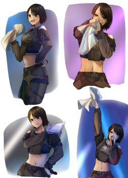 Rule 34 | 1girl, arm up, belt, belt buckle, black belt, black hair, black pants, black shirt, blue background, brown eyes, buckle, closed mouth, clothing cutout, commentary request, covered mouth, cowboy shot, crop top, cropped legs, gradient background, grey background, grey shirt, hand on own hip, hand on own shoulder, hand up, hands up, highres, holding, holding microphone, holding towel, idol, long sleeves, looking ahead, looking at viewer, lower teeth only, microphone, midriff, mole, mole above mouth, multiple views, navel, navel piercing, nigari (ngari 0115), nomoto sora, open mouth, outstretched arm, pants, parted bangs, piercing, pointing, pointing at viewer, purple background, real life, shirt, short hair, shoulder cutout, sleeve belt, smile, stomach, teeth, towel, white background