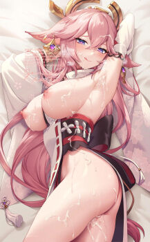 1girl adversarial_noise animal_ears armpits ass blue_eyes breasts cowboy_shot cum cum_on_armpits cum_on_body cum_on_hair cum_on_legs detached_sleeves facial fox_ears fox_girl genshin_impact gomashio_ponz heart heart-shaped_pupils highres large_breasts long_hair nipples on_bed pillow pink_hair solo symbol-shaped_pupils watermark white_sleeves yae_miko