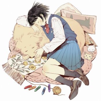 1girl black_hair black_socks blue_skirt blue_sweater_vest blush brown_shoes closed_eyes commentary_request crayon dog floral_print full_body highres iwakura_mitsumi leaning_on_animal loafers necktie pleated_skirt red_necktie school_uniform shirt shoes short_hair skip_to_loafer skirt sleeping sleeping_on_animal socks solo sweater_vest tanzao tsubame_nishi_high_school_uniform white_shirt yarn yarn_ball