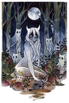 Rule 34 | 1girl, 6+others, colored skin, completely nude, feefal, fern, forest, full moon, ghost, highres, horns, long hair, monster girl, moon, multiple others, nature, night, nude, original, painting (medium), rock, see-through body, sitting, traditional media, tree, watercolor (medium), white eyes, white hair, white skin