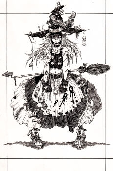 1girl absurdres apron arrow_(symbol) bandaid bandaid_on_arm bandaid_on_cheek bandaid_on_face bandaid_on_nose belt belt_collar bobby_pin braid broom buttons chain closed_mouth clothes_pin collar commentary_request dagger fish_hook fishing_lure frown full_body gem gloves greyscale hat hat_belt highres kirisame_marisa knife lock long_hair looking_at_viewer mini-hakkero monochrome mushroom nail_(hardware) nehitsuji_(syatihokoga) padlock patchwork_clothes pigeon-toed scalpel shaded_face shirt side_braid simple_background single_braid skirt solo standing stitches teruterubouzu torn_clothes torn_shirt touhou waist_apron weapon witch_hat zipper