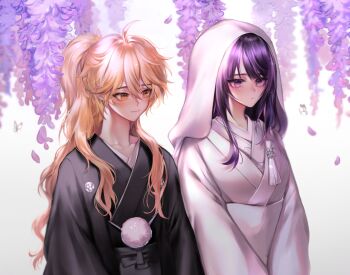 1boy 1girl aether_(genshin_impact) ahoge alternate_costume alternate_universe armor artist_request black_kimono black_robe black_sash blonde_hair blunt_bangs blush closed_mouth collarbone commission cosplay couple falling_petals flower friends genshin_impact gradient_background grey_background hair_between_eyes head_tilt hetero high_ponytail japanese_clothes kimono light_smile long_hair long_sleeves looking_down looking_to_the_side mole mole_under_eye orange_eyes outdoors petals ponytail purple_eyes purple_hair raiden_shogun robe sash second-party_source standing statue_of_the_seven statue_of_the_seven_(cosplay) uchikake upper_body veil wavy_hair wedding white_kimono white_robe white_sash white_veil wide_sleeves wisteria