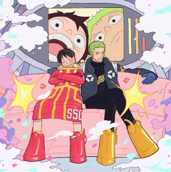 Rule 34 | 2boys, black hair, black pants, blue gloves, boots, closed mouth, coat, commentary request, couch, crossed arms, crossed legs, facial scar, frown, full body, gloves, green hair, headset, highres, jacket, jjerri00, korean commentary, long sleeves, male focus, monkey d. luffy, multicolored coat, multiple boys, official alternate costume, one eye closed, one piece, open clothes, open jacket, open mouth, orange boots, pants, red boots, roronoa zoro, scar, scar across eye, scar on cheek, scar on face, short hair, sitting, smile, smoke, teeth, upper teeth only