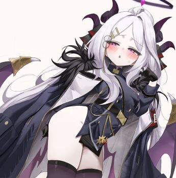 1girl absurdres ahoge armband black_gloves black_halo black_horns black_thighhighs blue_archive blush buttons coat coat_on_shoulders demon_girl demon_horns demon_wings double-breasted gloves halo highres hina_(blue_archive) horns loli long_hair low_wings multiple_horns no_panties pencil_skirt purple_eyes purple_halo purple_wings red_armband se_tu_(55559229) side_slit skirt solo thighhighs wings