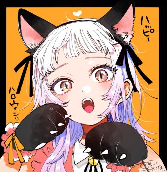 1girl animal_ears animal_hands bell cat cat_ears dress frilled_dress frills gloves halloween halloween_costume harekawa_shinta highres long_hair looking_at_viewer momose_akira_(hatsukoi) momose_akira_no_hatsukoi_hatan_chuu. neck_bell official_art open_mouth paw_gloves paw_pose ribbon shirt short_sleeves solo white_hair