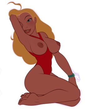 1girl ahoge blonde_hair breasts breasts_out dark_nipples green_eyes highres kneeling large_breasts lifeguard_(lilo_&amp;_stitch) lilo_&amp;_stitch long_hair looking_at_viewer misplacedlines nipples one-piece_swimsuit red_one-piece_swimsuit simple_background solo swimsuit white_background