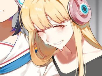 Rule 34 | 2girls, black shirt, blonde hair, blunt bangs, cho kaguya-hime!, closed eyes, commentary request, crying, gapchun0 0, headphones, kaguya (cho kaguya-hime!), korean commentary, long hair, multiple girls, out of frame, sailor collar, sakayori iroha, shirt, smile, solo focus, tears, upper body, white shirt