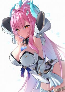 1girl absurdres aemeath_(wuthering_waves) ahoge armpits arms_behind_head arms_up breasts chen_kang cleavage closed_mouth commentary covered_navel glitch hair_ornament highres large_breasts leotard long_hair looking_at_viewer orange_eyes pink_hair ponytail smile solo star-shaped_pupils star_(symbol) symbol-shaped_pupils tacet_mark_(wuthering_waves) very_long_hair white_leotard wuthering_waves