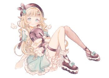 1girl apron beret black_hat black_shoes blonde_hair check_copyright commentary_request commission copyright_request diagonal-striped_pantyhose dress frilled_dress frills full_body green_dress green_eyes green_streaks grey_pantyhose hair_flaps hair_ornament hairclip hat highres holding holding_microphone hugging_object indie_virtual_youtuber knees_up long_hair maid_apron microphone moai multicolored_hair nishiki_ciao pantyhose parallel_hairclips platform_shoes puffy_short_sleeves puffy_sleeves ryokuno_green shoes short_sleeves simple_background single_leg_pantyhose sitting solo streaked_hair striped_clothes striped_pantyhose thigh_strap very_long_hair virtual_youtuber white_background wing_hair_ornament