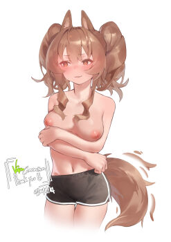 1girl :3 angelina_(arknights) animal_ears arknights arms_under_breasts averting_eyes black_shorts blush breasts brown_eyes brown_hair closed_mouth commentary commission dolphin_shorts english_commentary hair_between_eyes highres large_breasts long_hair mkrk_mikaerukung navel nipples short_shorts shorts sidelocks solo sweatdrop tail topless_female twintails