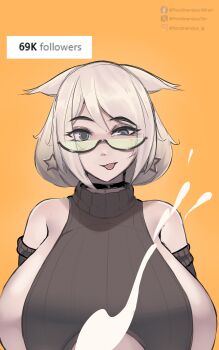 1girl 69_(meme) absurdres animal_ears bare_shoulders black-framed_eyewear black_choker black_sweater blue_eyes breasts cat_ears cat_girl choker commentary double-parted_bangs earrings english_commentary ferdi_(ferdinandusdart) ferdinandusdart glasses highres huge_breasts jewelry looking_at_viewer meme original ribbed_sweater rigby_the_cat_(meme) semi-rimless_eyewear sexually_suggestive short_hair simple_background sleeveless sleeveless_turtleneck smile solo star_(symbol) star_earrings suggestive_fluid sweater tongue tongue_out turtleneck turtleneck_sweater under-rim_eyewear uneven_eyes upper_body white_hair yellow_background