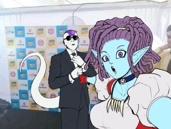 1boy 1girl adjusting_clothes adjusting_necktie alien bald colored_skin dragon_ball dragon_ball_super dreadlocks dress formal_clothes frieza highres long_hair maki_(dragon_ball) meme necktie suit sunglasses tail wichotoons