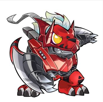 apollousa_(hwcdmw1997) arm_blade chibi cyborg digimon digimon_(creature) dragon grey_hair hashtag-only_commentary megalogrowmon simple_background weapon white_background yellow_eyes