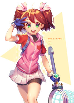 1girl absurdres arm_up bike_shorts bike_shorts_under_skirt breasts brown_hair gloves green_eyes highres legs looking_at_viewer net open_mouth saru_getchu sayaka_(saru_getchu) skirt small_breasts smile solo sony teeth thighs tongue twintails v walking