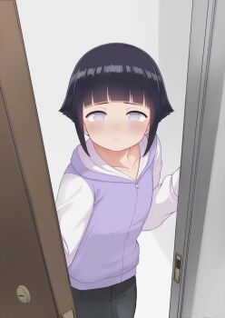 1girl aged_down atg_(wttoo0202) black_hair black_pants blunt_bangs blush collarbone commentary_request door highres hyuuga_hinata jacket looking_at_viewer naruto_(classic) naruto_(series) open_door pants parted_lips purple_eyes purple_jacket short_hair standing