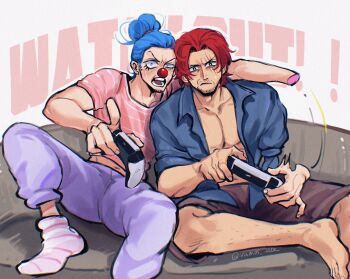2boys amputee barefoot blue_shirt blush brown_shorts buggy_the_clown closed_mouth clown_nose commentary controller english_commentary english_text eyelashes facial_hair game_controller goatee_stubble hair_bun highres holding holding_controller holding_game_controller leg_hair looking_at_viewer male_focus multiple_boys one_piece open_mouth pants pectorals pink_shirt playing_games playstation_controller pointing purple_pants red_hair scar scar_across_eye scar_on_face shanks_(one_piece) shirt short_hair short_sleeves shorts socks striped_clothes striped_socks stubble sweatdrop vamos_mk