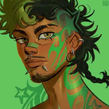 Rule 34 | 1boy, antonio leon mars (skcd loen), artist logo, bandaid, bandaid on face, bandaid on nose, black hair, body markings, braid, braided ponytail, commentary, dark-skinned male, dark skin, ear piercing, eyebrow cut, face piercing, facial hair, facial mark, goatee, green background, green eyes, green hair, green theme, halftone, hashtag-only commentary, logo, looking ahead, mouth piercing, mullet, multicolored hair, mustache, original, pencil mustache, piercing, portrait, ring piercing, short braid, short hair, skcd loen, split-color hair, star (symbol), star facial mark, stubble, symbol-only commentary, tan, two-tone hair, undercut, wavy ends