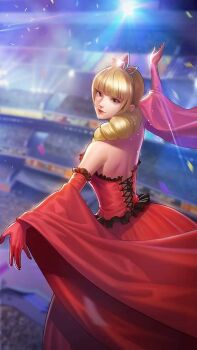 Rule 34 | 1girl, blonde hair, breasts, crown, curly hair, curvy, dress, elegant, female focus, from behind, gloves, large breasts, long hair, looking at viewer, looking back, outdoors, pale skin, red eyes, rose bernstein, snk, stadium, standing, the king of fighters, wide hips