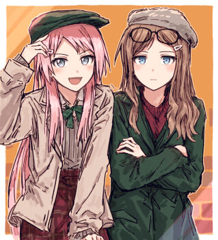 2girls adjusting_clothes adjusting_headwear arm_up bang_dream! bang_dream!_it's_mygo!!!!! beret blue_eyes blush border bow bowtie brown_jacket chihaya_anon closed_mouth collared_shirt commentary cowboy_shot crossed_arms earrings eyewear_on_head fang flat_cap glasses green_bow green_bowtie green_hat green_jacket grey_eyes grey_hat grey_sweater hair_ornament hairclip hat highres jacket jewelry long_hair long_sleeves looking_at_viewer multiple_girls nagasaki_soyo open_mouth orange_background outline outside_border pink_hair red_skirt red_sweater revision shirt sidelocks skirt sweater white_border white_outline white_shirt yukitake_(bullfalk)