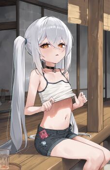 1girl ayase_shiho_(honashi) camisole cellphone choker flat_chest grey_hair highres honashi long_hair looking_at_viewer navel orange_eyes original phone shorts sitting solo sweat twintails