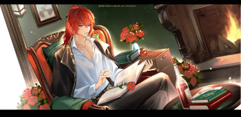 Rule 34 | 1boy, 3-secs, alternate costume, book, bottle, diluc (genshin impact), fireplace, flower, genshin impact, high ponytail, highres, image sample, indoors, male focus, official alternate hairstyle, pixiv, pixiv sample, ponytail, reading, rose, sitting, solo, solo focus, wine bottle