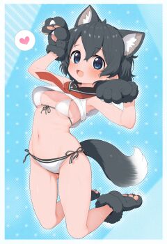 Rule 34 | 1girl, animal ear fluff, animal ears, animal hands, bikini, black hair, blue eyes, blush, breasts, claw pose, commentary, dog ears, dog girl, dog tail, extra ears, fangs, front-tie bikini top, front-tie top, gloves, heart, highres, kaban (kemono friends), kemono friends, looking at viewer, navel, open mouth, paw gloves, ransusan, sailor collar, short hair, side-tie bikini bottom, small breasts, smile, solo, spoken heart, sweat, swimsuit, tail, white bikini