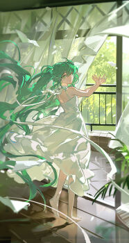 Rule 34 | 1girl, absurdres, bare shoulders, barefoot, blurry, breasts, chinese commentary, choker, closed mouth, commentary request, curtains, day, depth of field, dress, floating clothes, floating hair, from behind, full body, glass door, green eyes, green hair, hands up, hatsune miku, highres, indoors, long hair, looking at viewer, looking back, mento, open door, plant, sleeveless, sleeveless dress, small breasts, smile, solo, standing, twintails, very long hair, vocaloid, white choker, white dress