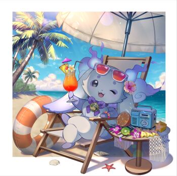 1other beach beach_chair bell border day flower food fruit furry hibiscus highres innertube kiwi_(fruit) kiwi_slice lunlun_(nijisanji) mitama_(mokochiko) neck_bell nijisanji ocean one_eye_closed orange_(fruit) orange_slice outdoors palm_tree pineapple pineapple_slice pink_flower radio seashell shell sitting solo starfish starfruit swim_ring table tree tropical_drink virtual_youtuber white_border