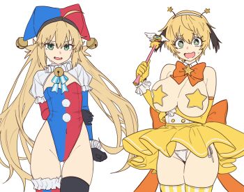 absurdres artoria_caster_(fate) artoria_pendragon_(fate) bell black_gloves blonde_hair blue_leotard blush blush_stickers bow bowtie breasts detached_collar ebora elbow_gloves fate/grand_order fate_(series) gareth_(fate) gloves green_eyes hair_flaps hairband hat highleg highleg_leotard highres jester_cap jingle_bell large_breasts leotard long_hair long_sleeves looking_at_viewer open_mouth pasties puffy_sleeves red_leotard short_hair skirt small_breasts smile thighhighs thighs twintails wand white_leotard yellow_gloves yellow_skirt yellow_thighhighs