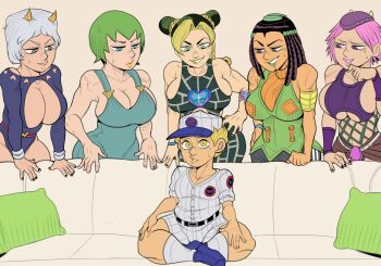 1boy 5girls breasts couch detnox emporio_alnino ermes_costello foo_fighters_(jojo) genderswap genderswap_(mtf) jojo&#039;s_bizarre_adventure jojo_no_kimyou_na_bouken kuujou_jolyne meme multiple_girls narciso_anasui piper_perri_surrounded_(meme) shota sideboob stone_ocean sweatdrop weather_report you_gonna_get_raped