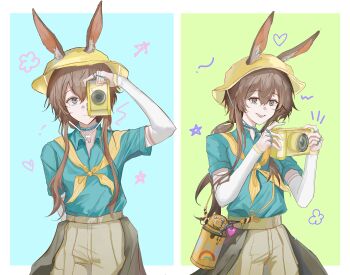 1girl :d absurdres amiya_(arknights) animal_ears arknights blue_background blue_collar blue_eyes blue_shirt border brown_hair camera closed_mouth collar collared_shirt cowboy_shot detached_sleeves ears_through_headwear green_background hair_between_eyes hat heart highres holding holding_camera jewelry kaera long_hair long_sleeves multiple_rings multiple_views neckerchief notice_lines open_collar open_mouth outside_border ring shirt short_sleeves smile standing star_(symbol) taking_picture white_border white_sleeves yellow_hat yellow_neckerchief