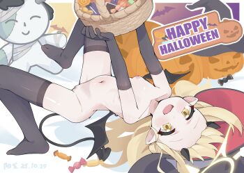 1girl absurdres black_gloves black_horns black_tail black_thighhighs black_wings blonde_hair blue_archive cleft_of_venus commentary demon_tail demon_wings doodle_sensei_(blue_archive) elbow_gloves gloves halloween halo hat highres horns ibuki_(blue_archive) loli long_hair navel nipples open_mouth pointy_ears pussy sensei_(blue_archive) symbol-only_commentary tail thighhighs uncensored wings yangge yellow_eyes