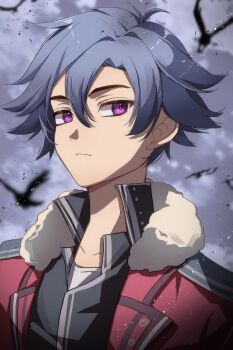 1boy ahoge bat_(animal) black_hair coat curtained_hair double-parted_bangs eiyuu_densetsu fur_collar hair_between_eyes highres male_focus moon parted_bangs portrait purple_eyes rean_schwarzer sen_no_kiseki sen_no_kiseki_(series) sen_no_kiseki_ii short_hair solo zer00han