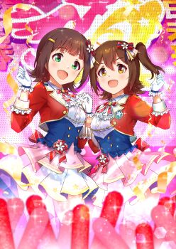 2girls :d amami_haruka bow bowtie brown_eyes brown_hair commentary_request concert frilled_skirt frills gloves glowstick green_eyes hair_bow hand_up highres holding_hands idol idolmaster idolmaster_(classic) idolmaster_million_live! kasuga_mirai koaya layered_skirt long_sleeves looking_at_viewer multiple_girls one_side_up open_mouth red_bow red_bowtie screen short_hair side-by-side skirt smile stage standing striped_bow striped_bowtie striped_clothes white_gloves