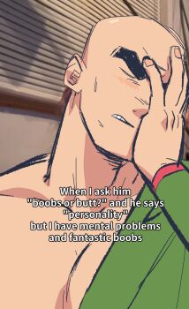 1boy bald bara blush boobs_or_butt_(meme) dragon_ball dragon_ball_(classic) english_text facepalm hadanugi_dousa highres huge_eyebrows image_macro_(meme) implied_yaoi large_pectorals male_focus meme null_(mr_not_null) open_kimono pectoral_cleavage pectorals solo tenshinhan unfinished upper_body