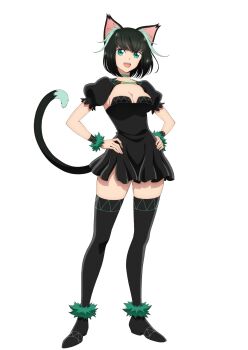 Rule 34 | animal ears, black dress, black hair, black socks, bracelet, cat ears, cat girl, cat tail, choker, dress, green eyes, green hair, highres, isekai shikkaku, jewelry, long hair, looking at viewer, matilda (isekai shikkaku), multicolored hair, open mouth, shoes, simple background, smile, socks, tail, tama (isekai shikkaku), two-tone hair, white background