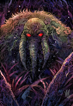 1boy beak colored_skin creature flower forest grass green_hood green_skin highres jungle man-thing marvel monster nature red_eyes solo solo_focus swamp_monster vinartwork wet_and_messy wetland